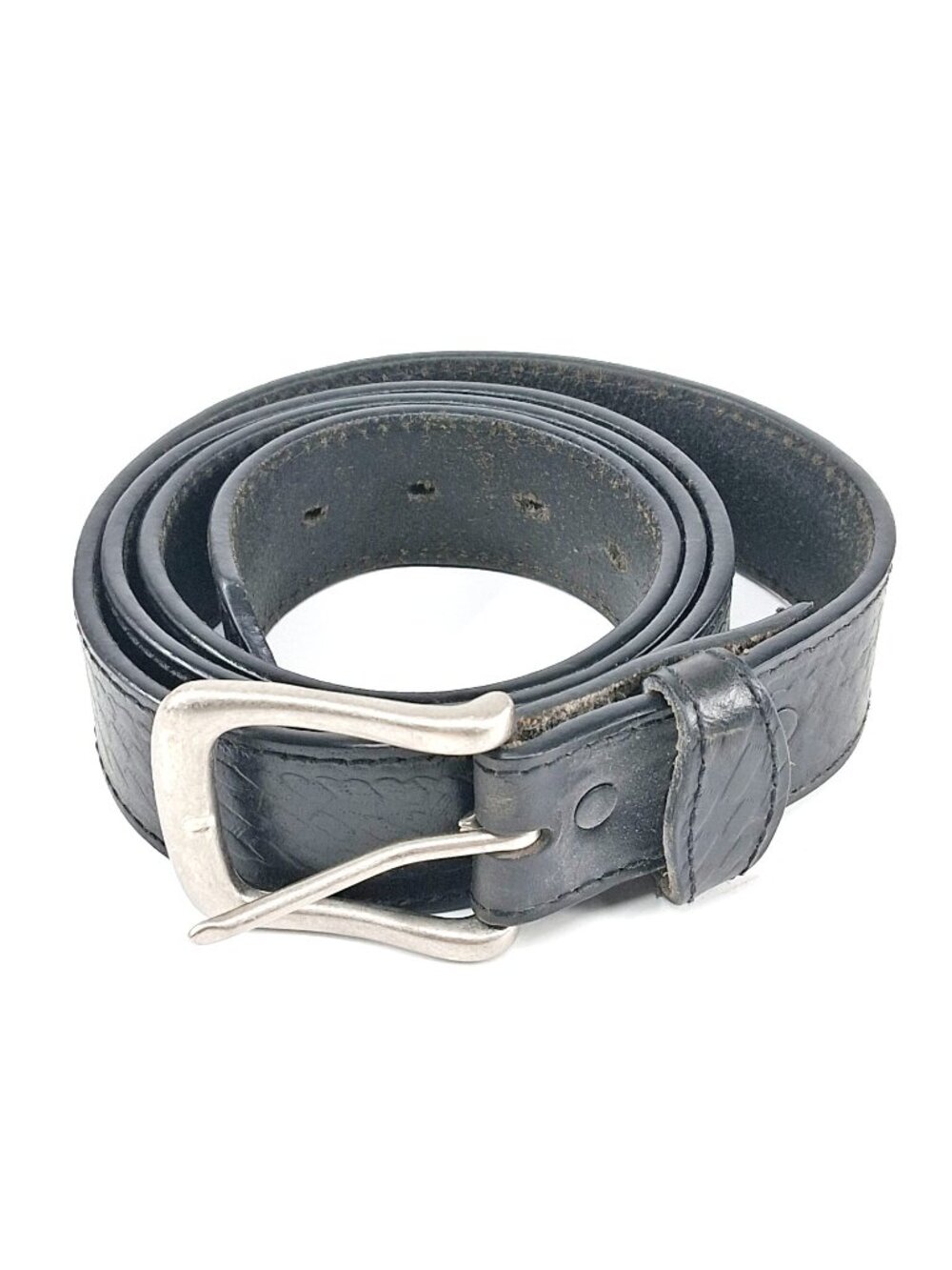 VTG Black Leather Belt Embossed Weave Pattern Removable Buckle Silver Hardware